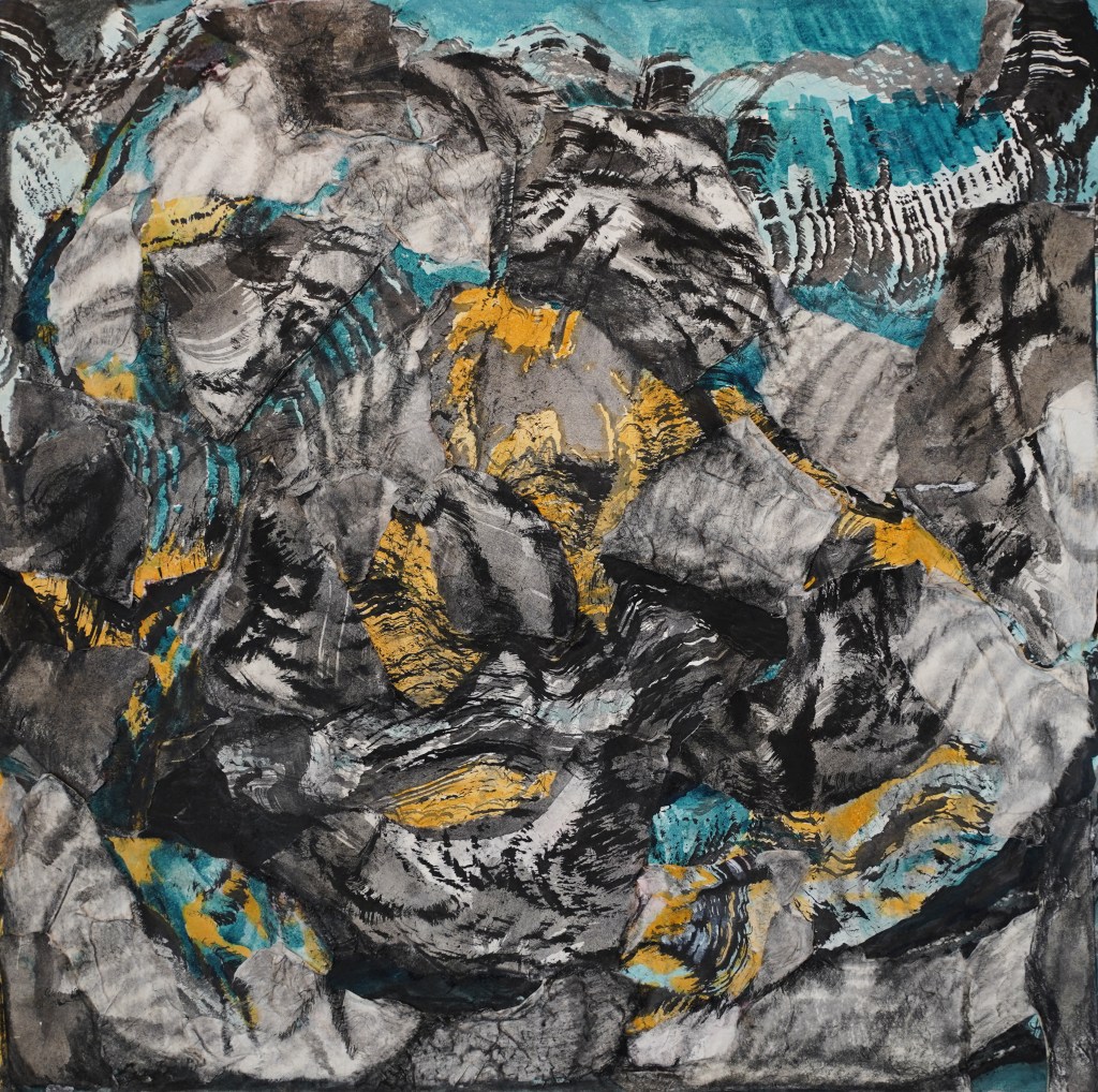 Abstract artwork featuring swirling textures in black, gray, and turquoise, with accents of gold.

I seek to create works that are decisively tactile and hand-made; unique gestures of mark-making; shared moments, shared meals and live collaborations that are singular and unrepeatable. The death of my late grandmother led me to start using traditional Filipino brooms and household tools as alternative means of mark-making. As a substitute for the typical paintbrush, these make-shift brushes serves as a homage that unites the movements of drawing, sweeping and erasure with the shared memories of labour, sacrifice and hospitality embedded within the Filipino imagination. These brushes also allow for fascinating movements of the drawn line, the connected bristles move in unison creating rows of parallel strokes evoking ripples of water. Waves of water is depicted in this piece folding in and out, layers of waves rushing from the left to the right of the picture, only to be collapsed below or thrown above into the sky.